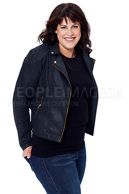 Buy stock photo Fashion, smile and portrait of a woman with stylish clothes on a white background in studio. Fashionable, happy and cool biker model with confidence, happiness and edgy on a studio background