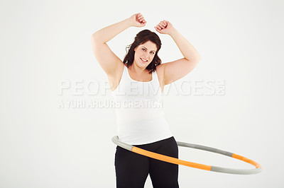 Buy stock photo Happy woman, portrait and hoop workout in fitness, exercise or balance on a white studio background. Active female person smile with plastic circle for training, health and wellness on mockup space