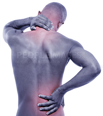 Buy stock photo Man, backache and neck pain with glow, spine injury and illness with fibromyalgia pr pressure on white background. Red overlay, body and sick in studio with muscle tension, inflammation and strain