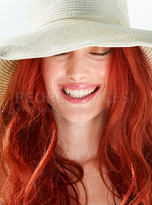 Buy stock photo Happy woman, face and ginger or red hair with straw hat in studio, isolated white background and beautiful style. Female model with happiness and closeup of cool summer accessory, fashion and beauty