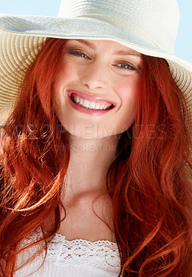 Buy stock photo Happy woman, portrait and face with straw hat for summer vacation, confident style and sunny holiday. Female person, red hair and smile with fashion accessory, freedom and happiness to relax outdoor