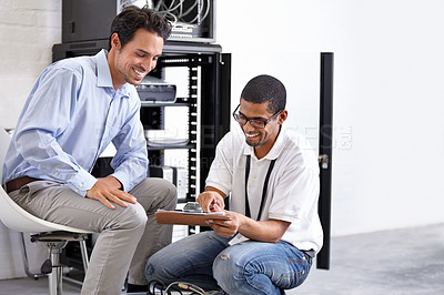 Buy stock photo Server room, it support and clipboard with a technician talking to a business man about cyber security. Network, database and contract with a male engineer chatting about information technology