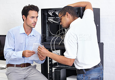 Buy stock photo Server room, it support and error with a man engineer talking to a confused business man about cybersecurity. Network, database or instructions with a technician chatting about information technology