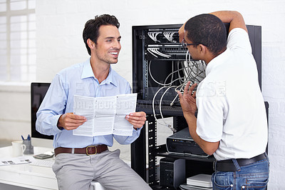 Buy stock photo Server room, it support and manual with a technician talking to a business man about instructions to follow. Network, database and installation with an engineer chatting about information technology