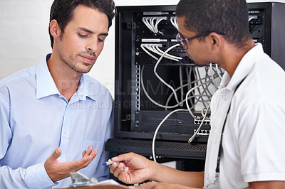 Buy stock photo Server room, man or technician with clipboard for technology in cyber security, software glitch or hardware. Network, database or contract with an engineer talking about tech support or internet help