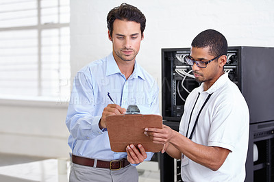 Buy stock photo Server room, it support and contract with a technician talking to a business man about cyber security. Network, database and clipboard signature with an engineer chatting about a deal or agreement