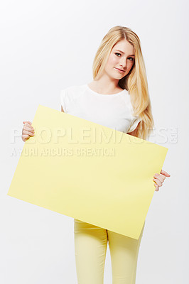 Buy stock photo Woman, portrait and placard or mockup space in studio or poster deal for recommendation, communication or white background. Female person, face and blank paper for news bulletin, message or billboard