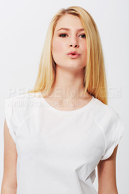 Buy stock photo Portrait, kiss or woman with skincare, cosmetics and dermatology results on white background. Face, female person or confident model with mockup, shine and glow with wellness or aesthetic in studio