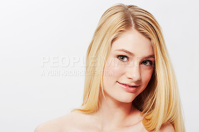 Buy stock photo Portrait, beauty and woman with skincare, cosmetics and dermatology on a white studio background. Face, person and model with soft skin and mockup space with shine and glow with wellness or aesthetic
