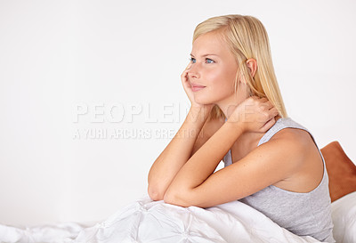 Buy stock photo Calm, woman and thinking in home on bed with ideas for morning and wake up with peace. Healthy, person and girl relax in bedroom on holiday, vacation or wellness from rest in apartment mock up