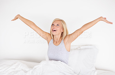 Buy stock photo Morning stretching, bedroom and wake up with woman,  relax after sleeping or resting. Blanket, peace and comfort of happy person stretch after sleep feeling fresh, awake or joyful with girl or home