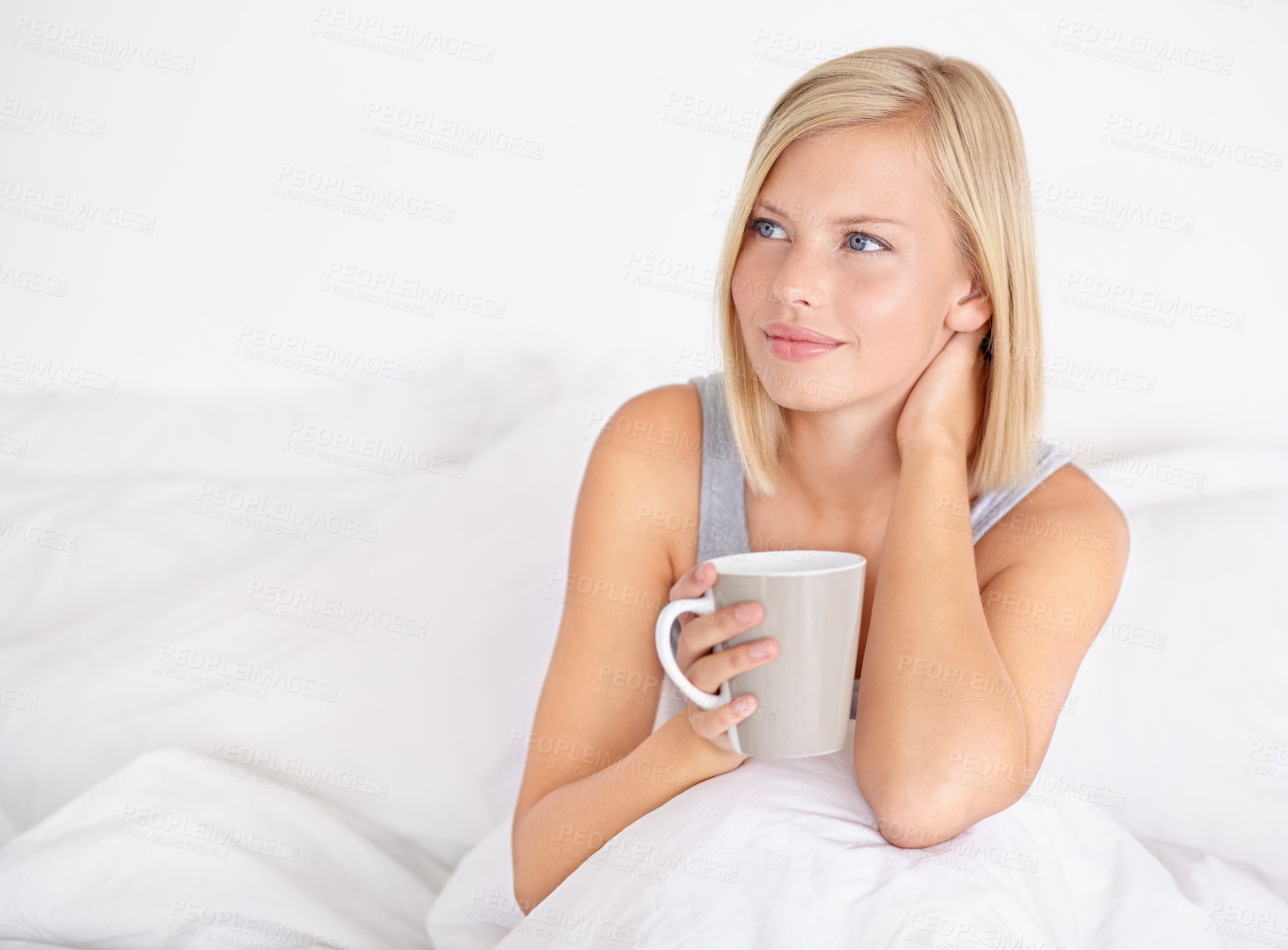 Buy stock photo Woman, thinking and relax with tea on bed in home planning idea for morning or future. Healthy, matcha or girl with coffee in bedroom on holiday or vacation for wellness in apartment with vision