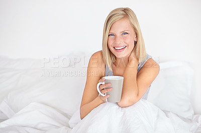 Buy stock photo Woman, portrait and drinking coffee in bed for morning relax or home beverage for comfort, peace or happy. Female person, face and smile with mug on duvet for warm caffeine or vacation, rest or tea