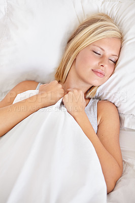 Buy stock photo Sleeping, peace and tired woman in a bed resting, dreaming and comfortable at home from above. Eyes closed, face and person asleep in a bedroom with vacation, holiday or snooze in day off in a house