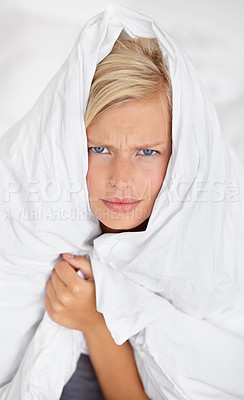 Buy stock photo Frustrated, woman and blanket to cover in portrait on bed with anger or fatigue in home with sheet on body. Tired, girl and duvet on head of person to wake up with stress in bedroom or morning