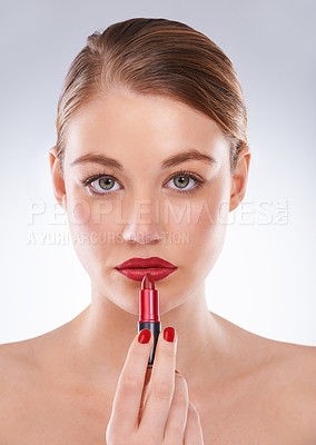 Buy stock photo Woman, portrait and beauty in studio with red lipstick for cosmetics, makeup and aesthetic with manicure. Model, person and confidence with lips application, glowing face and skin on white background