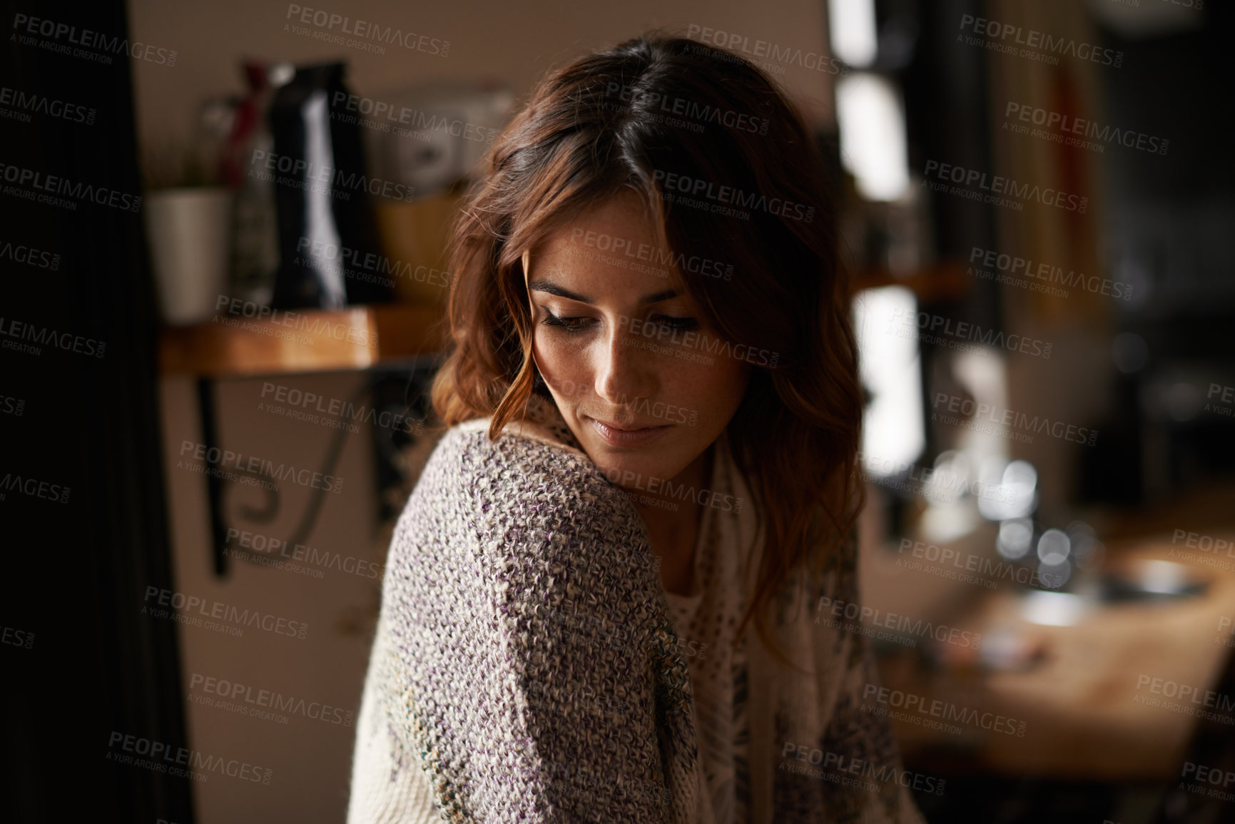 Buy stock photo Sad, depression and young woman at house with upset, grief and mad facial expression for problem. Mental health, emotion and lonely female person looking down with unhappy face for loss at home.