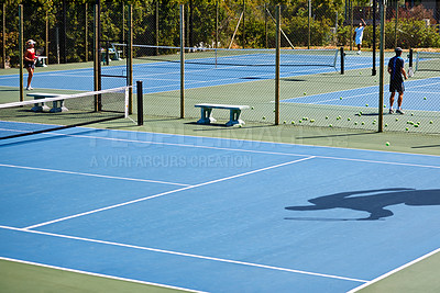 Buy stock photo Floor, sports or people on tennis court for training, outdoor exercise or competitive match in summer. Shadow, athletes or workout for health or fitness with wellness on the ground ready for a game