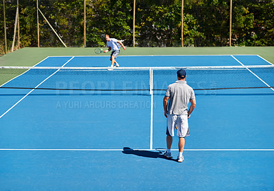 Buy stock photo Tennis, back and men with fitness, match and competition with training and exercise. Players, friends or sports with rackets and court with workout and sunshine with challenge and cardio with a ball