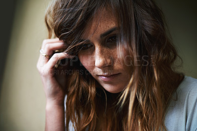 Buy stock photo Woman, face and thinking with headache in mistake, stress or burnout on wall background at home. Closeup of young female person in mental health, anxiety or depression with insomnia in lonely house
