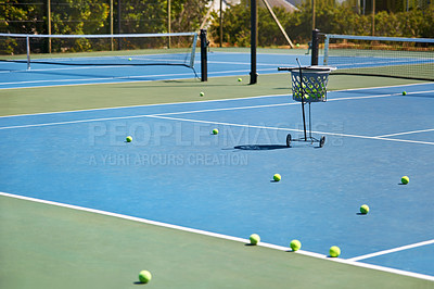 Buy stock photo Sport, empty or tennis balls on court for training, outdoor exercise or competitive match in summer. Workout, background or floor for health or fitness with equipment on the ground ready for a game