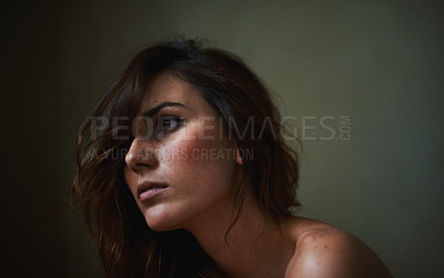 Buy stock photo Young nude woman looking away pensively
