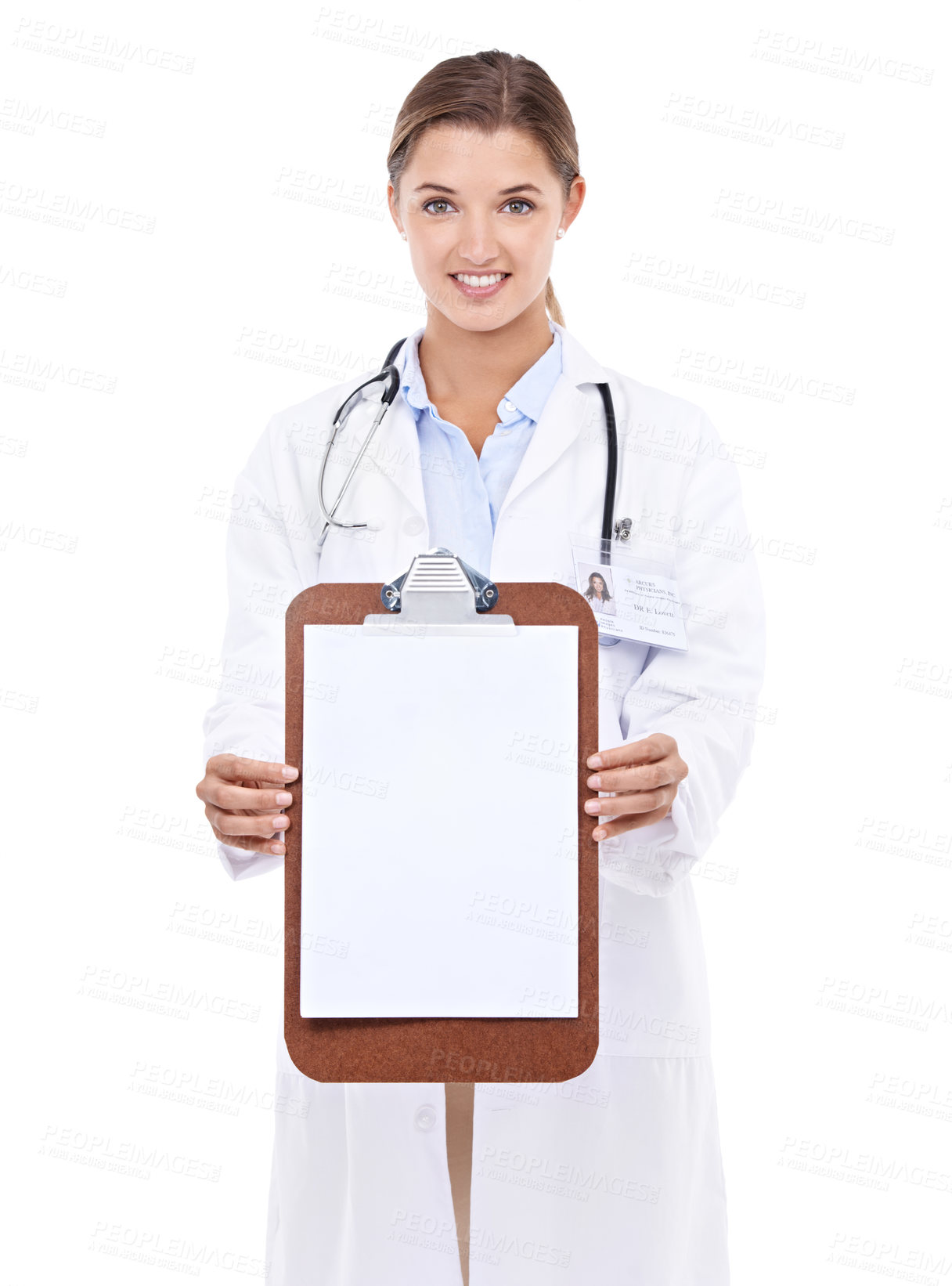 Buy stock photo Blank, clipboard and happy portrait of doctor in white background, studio and mock up space. Medical, information and woman with checklist, presentation and board with news in health and insurance