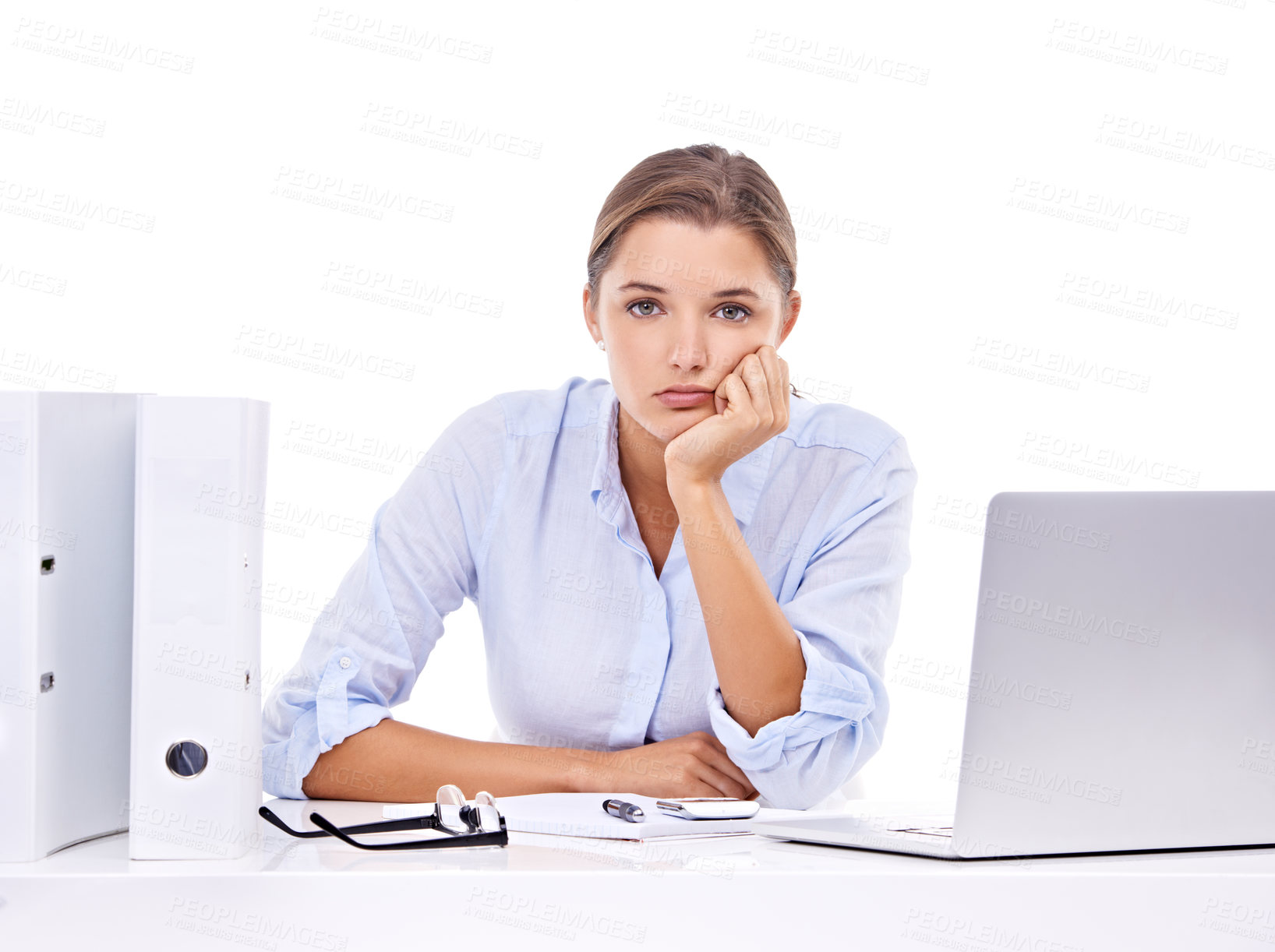 Buy stock photo Portrait, bored and businesswoman with laptop for administration, report and management. Tired, studio or female employee at table with stress, folders and depression at desk job on white background