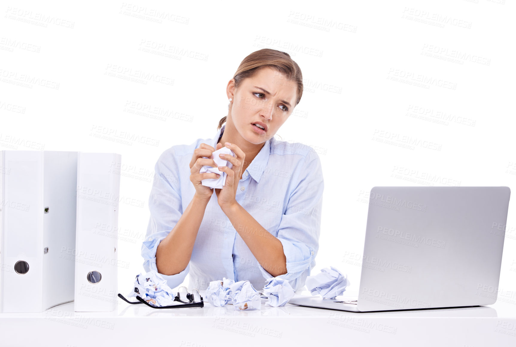 Buy stock photo Frustrated, angry and businesswoman with paper for administration, report or web research. Crush, studio or female employee at table with stress, folders and laptop at desk job on white background