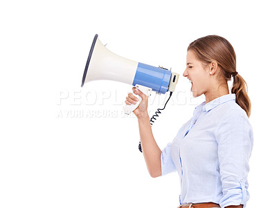 Buy stock photo Megaphone, announcement and business woman shouting at company rally in studio isolated on white background. Protest, information and loudspeaker with young employee yelling on space for speech