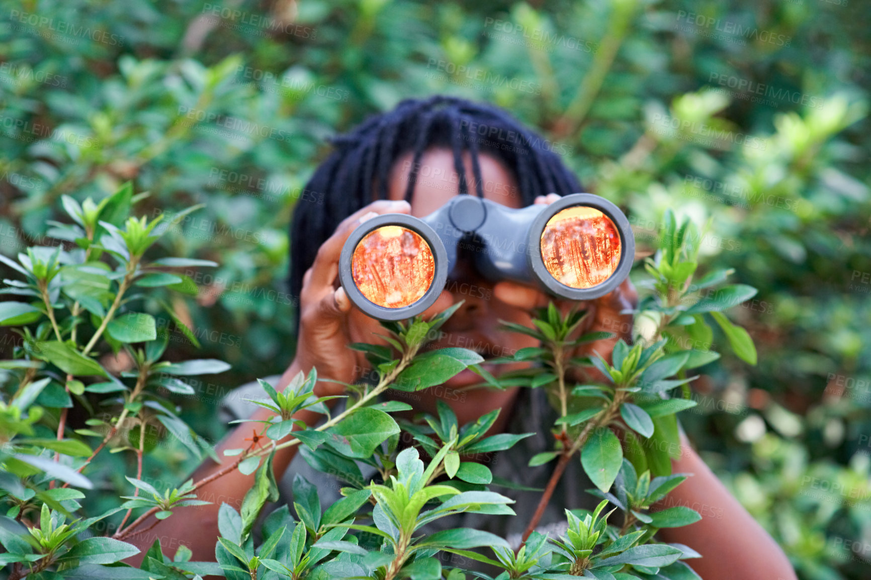 Buy stock photo Boy, kid and binoculars for search in nature while learning and fun in forest or adventure at summer camp. Young African child, green leaves and explore environment outdoor with youth and discovery