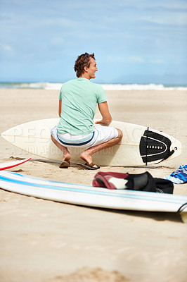 Buy stock photo Surfing, nature and man with surfboard on beach for water sports training, wellness and fitness by ocean. Travel, waves and back of happy person for adventure on holiday, vacation and hobby by sea
