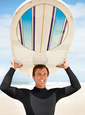Buy stock photo Surfing, beach and portrait of man with surfboard for water sports training, freedom and fitness outdoors. Nature, happy and person excited for adventure on holiday, vacation and hobby by ocean