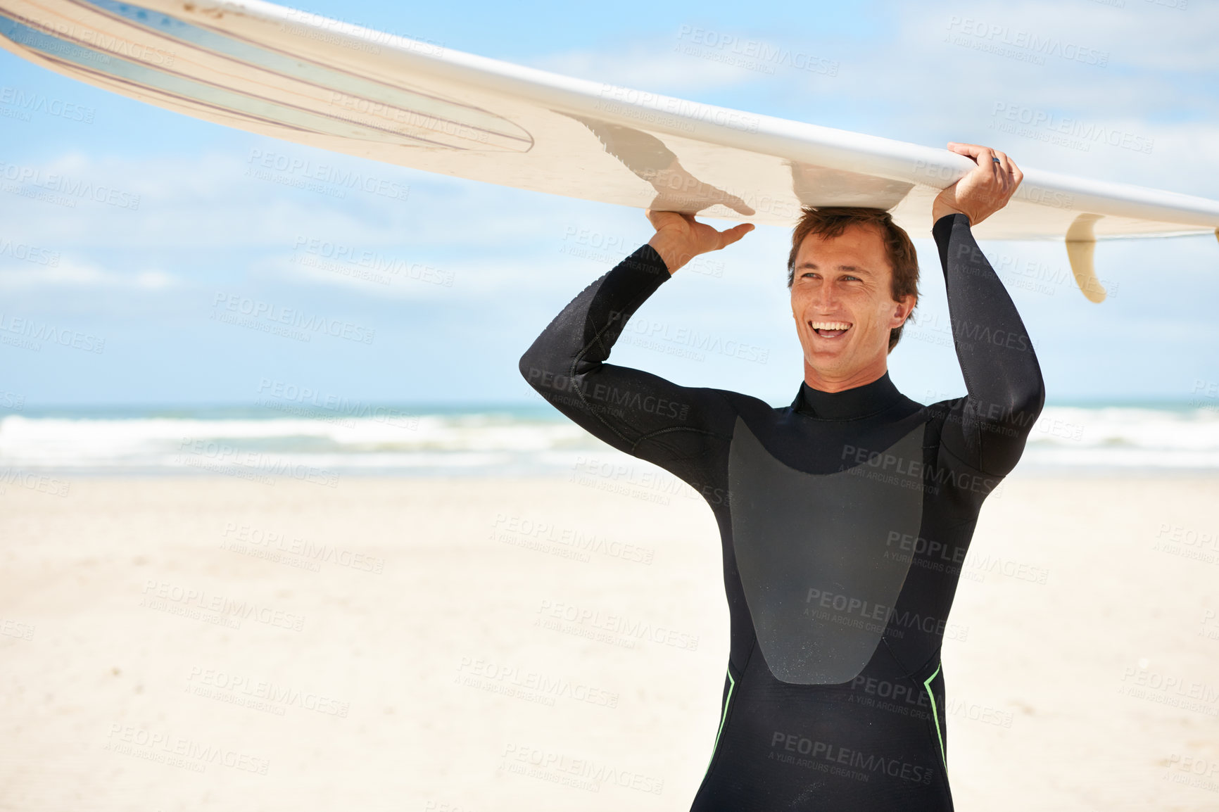 Buy stock photo Surfer, man and surfboard at beach for waves, ocean and travel, extreme sports and happy athlete outdoor. Fitness, wellness and summer vacation, nature and surfing on tropical island in Australia