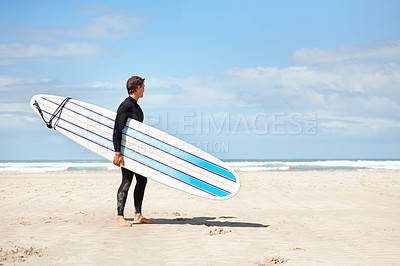 Buy stock photo Surfing, thinking and man with surfboard on beach for water sports training, wellness and fitness by ocean. Nature, sky and person with mockup space for adventure on holiday, vacation or hobby by sea
