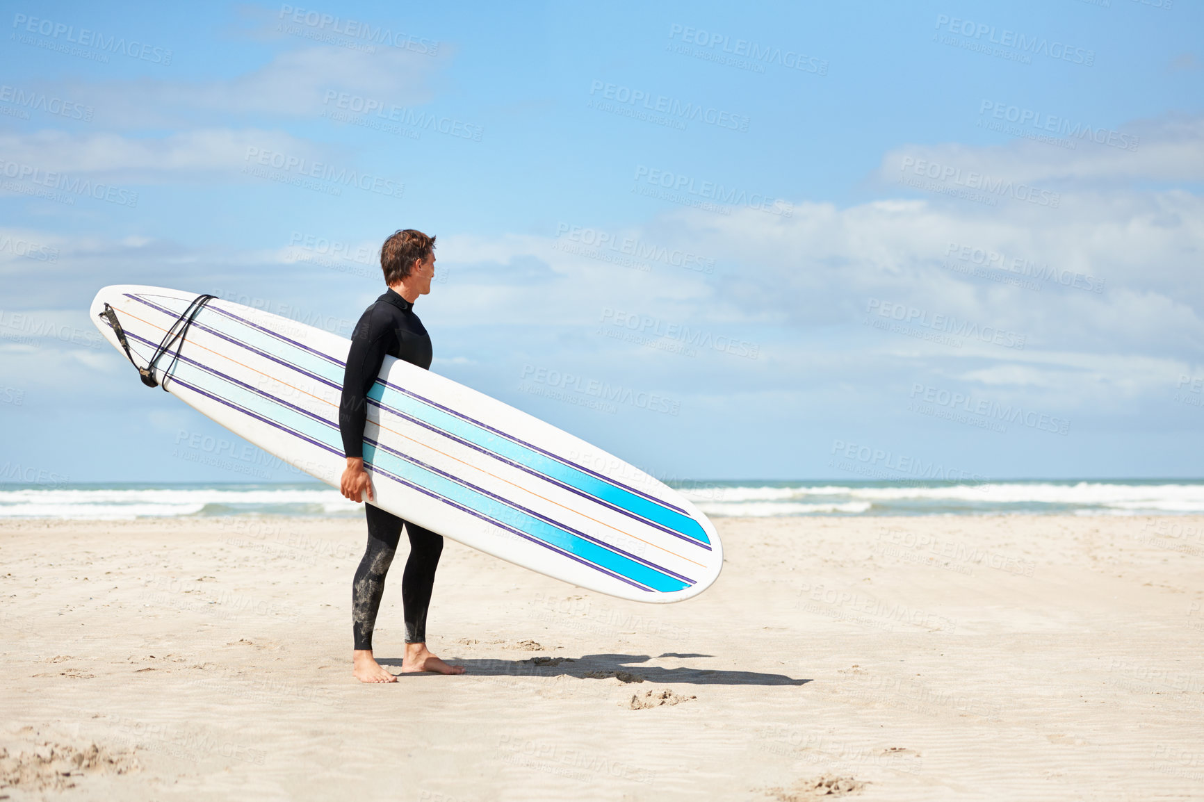 Buy stock photo Surfing, thinking and man with surfboard on beach for water sports training, wellness and fitness by ocean. Nature, sky and person with mockup space for adventure on holiday, vacation or hobby by sea