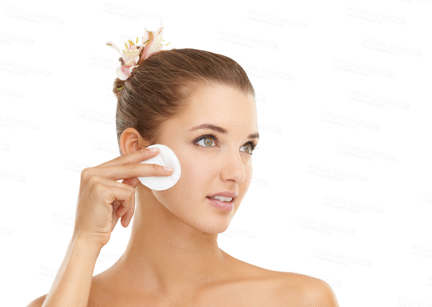 Buy stock photo Skincare, face or cotton pad for woman in studio for wellness, shine or glow on white background. Cleaning, beauty or model with facial swab for makeup, removal or thermal water, toner or application