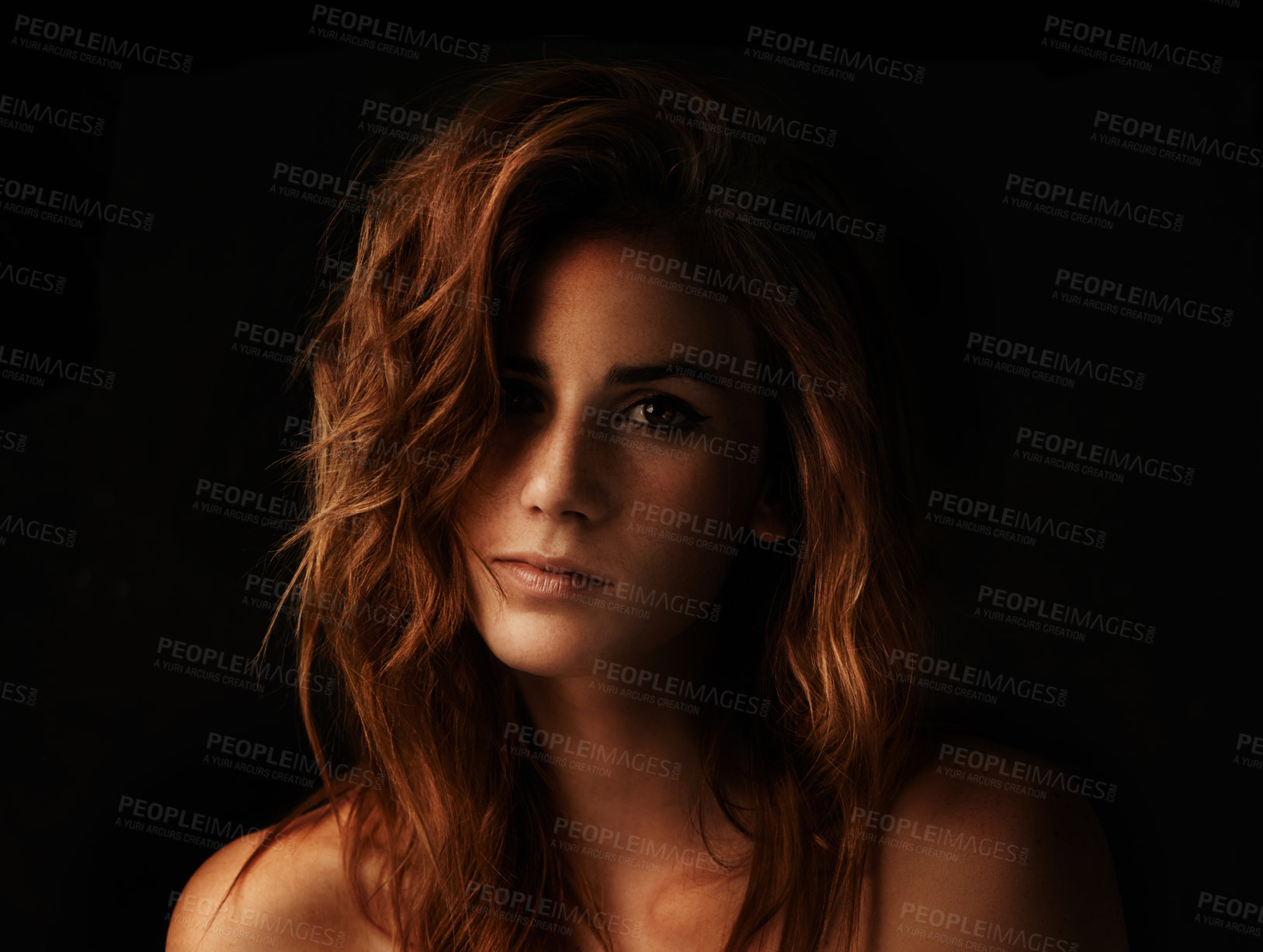 Buy stock photo Woman, hair care and ginger with portrait, cosmetic and shampoo treatment in a studio. Salon, beauty and female person with wavy texture and fresh haircut with balayage coloring with black background