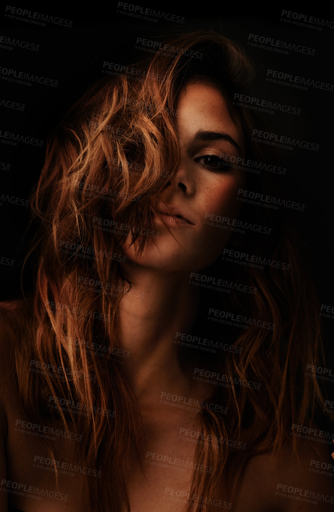 Buy stock photo Woman, hair care and ginger portrait with cosmetic and shampoo treatment in studio with shadow. Relax, beauty and person with wavy texture and fresh haircut with salon coloring with black background