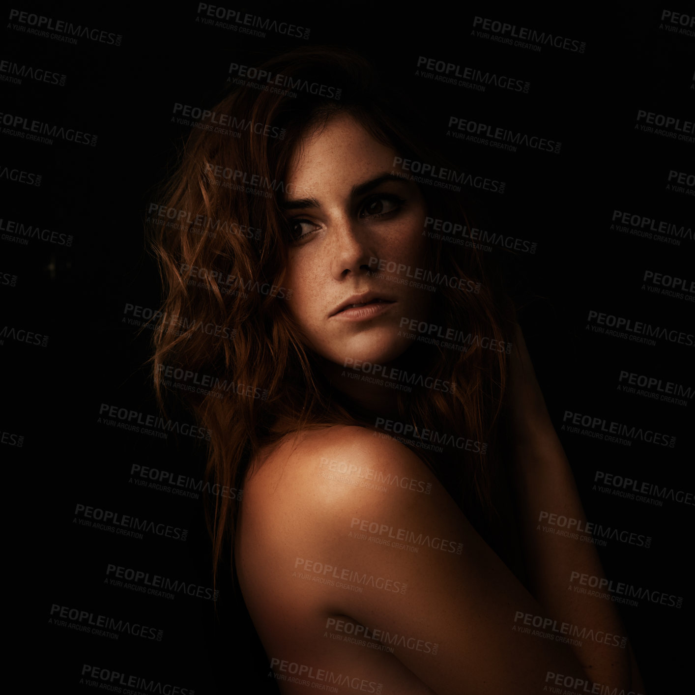 Buy stock photo Woman thinking, body and skincare in studio for cosmetics, dermatology and shadow or light for art deco and aesthetic. Beauty model or person with self care and sensual on a dark or black background
