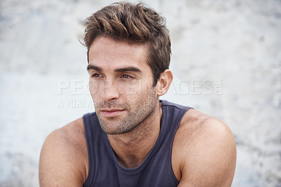 Buy stock photo Thinking, face and man outdoor calm, relax and enjoying a moment of reflection in nature. Questions, idea and male person outside for travel, break and holiday, journey and trip, decision mindfulness
