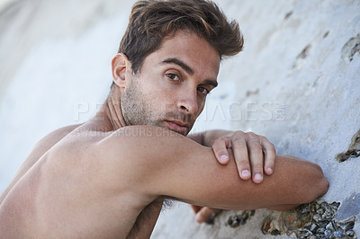 Buy stock photo Man, serious and fitness body with arms, muscle and wellness outdoor by a wall. Summer, thinking and idea of a male person from Brazil with strong, relax and topless with confidence and calm