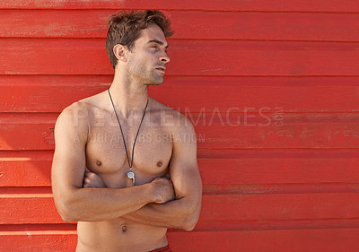 Buy stock photo Man. lifeguard and confidence at beach thinking for security, bay watch or surveillance on mockup space. Male person, athlete or professional swimmer standing guard ready for emergency assistance