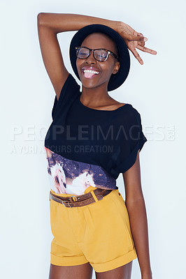Buy stock photo Fashion, peace sign and black woman on a white background in trendy, stylish and casual clothes. Hand emoji, hipster style and isolated person with tongue out, glasses and cool accessory in studio