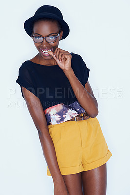 Buy stock photo Portrait, funny and black woman with fashion, glasses and stylish clothes on a white studio background. African person, girl and model with eyewear and casual outfit with gen z and goofy with fun