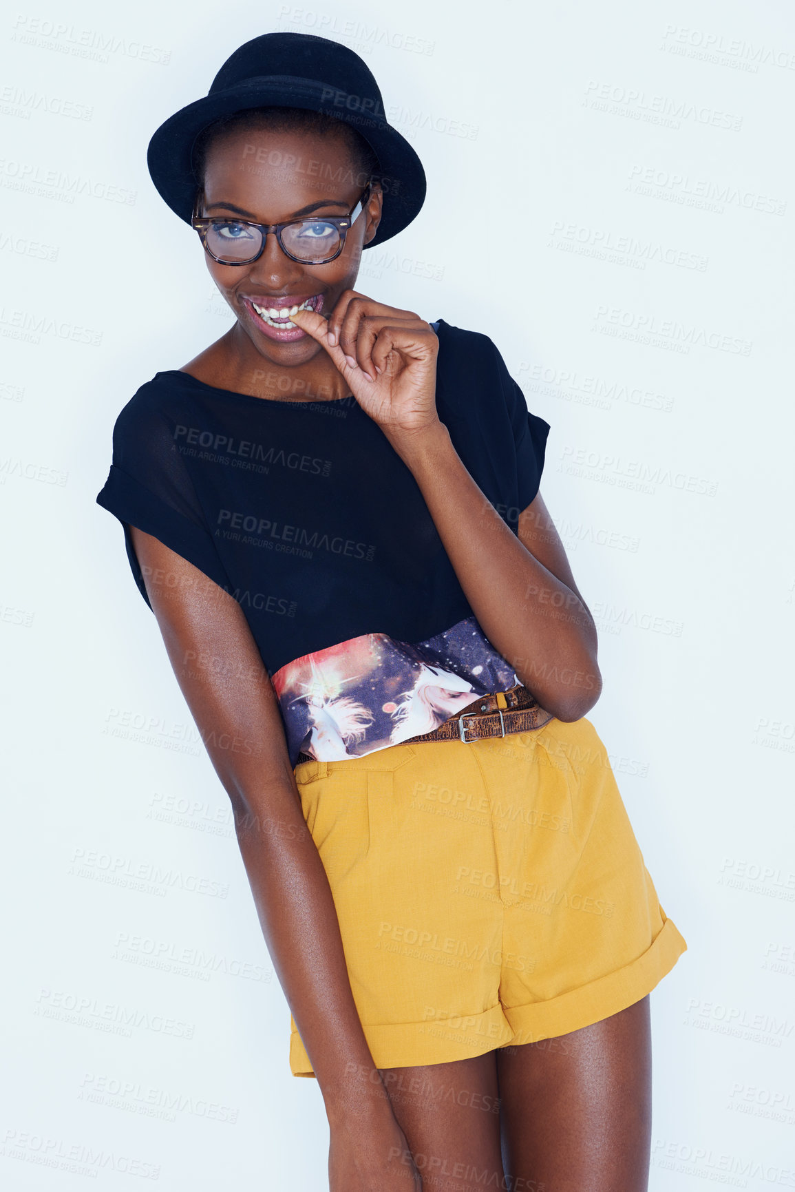Buy stock photo Portrait, funny and black woman with fashion, glasses and stylish clothes on a white studio background. African person, girl and model with eyewear and casual outfit with gen z and goofy with fun
