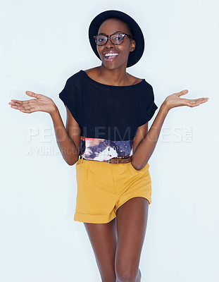 Buy stock photo College, student and portrait of black woman with fashion and creative choice of clothes in studio background. Unique, style and African person with happiness in university with trendy hipster outfit