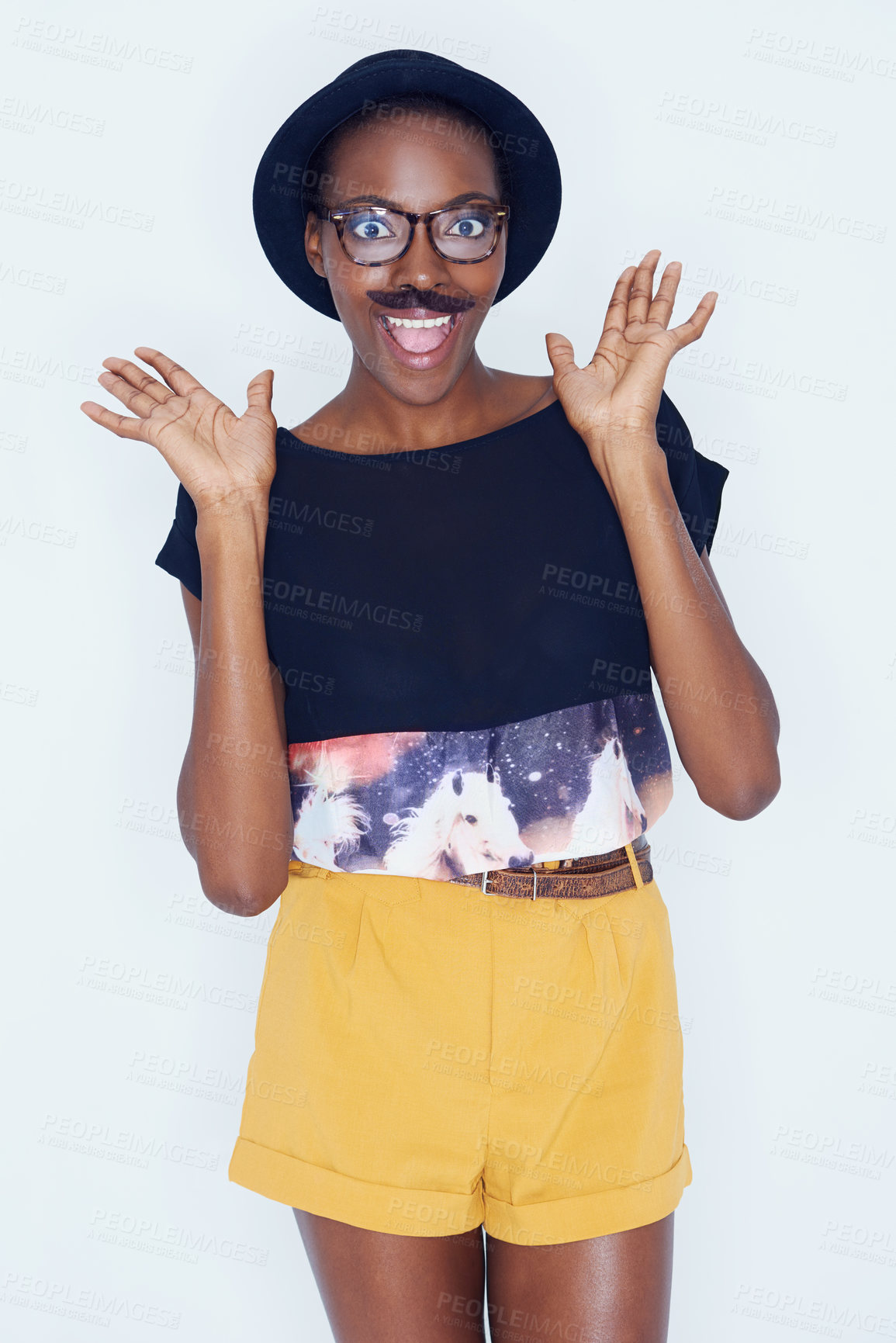 Buy stock photo Crazy, fashion and portrait of woman with mustache in studio with hipster or funny nerd in white background. African, person and silly geek with goofy style and joke with trendy hat or unique outfit
