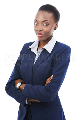 Buy stock photo Portrait, business and black woman with arms crossed in studio isolated on a white background. Face, confidence and professional lawyer in suit, attorney and African employee work on career in Kenya