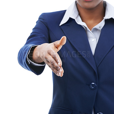Buy stock photo Closeup, handshake and professional with business offer, deal or b2b partnership. Shaking hands, opportunity and person with introduction, welcome or greeting isolated on a white studio background